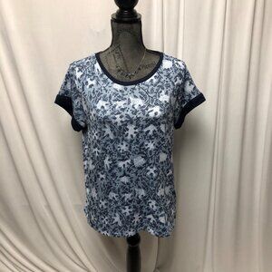 Lucky Brand Knit Top Women Size Medium Floral Print Blue White Soft T Shirt